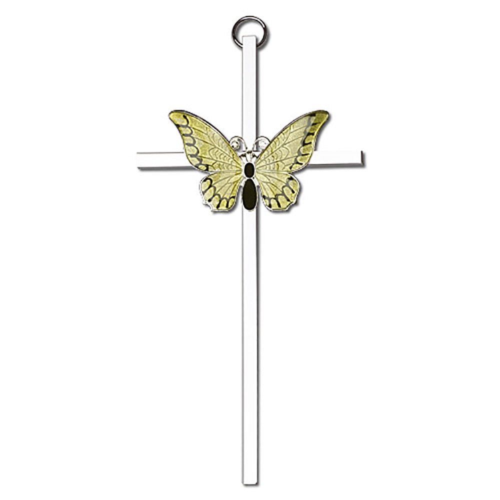 6 inch Antique Gold Yellow Epoxy Resurrection on a Polished Silver Finish Cross - 4940G/S