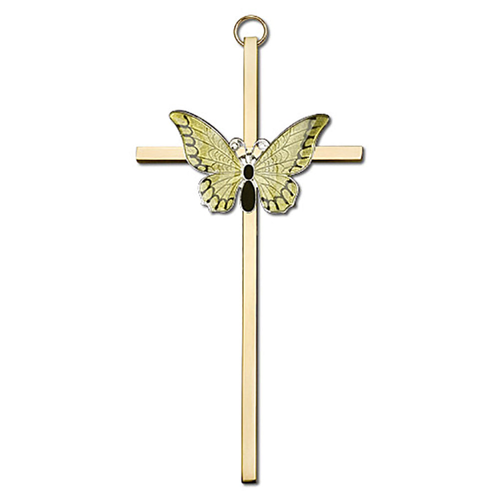 6 inch Polished Silver Finish Yellow Epoxy Resurrection on a Polished Brass Cross - 4940S/G