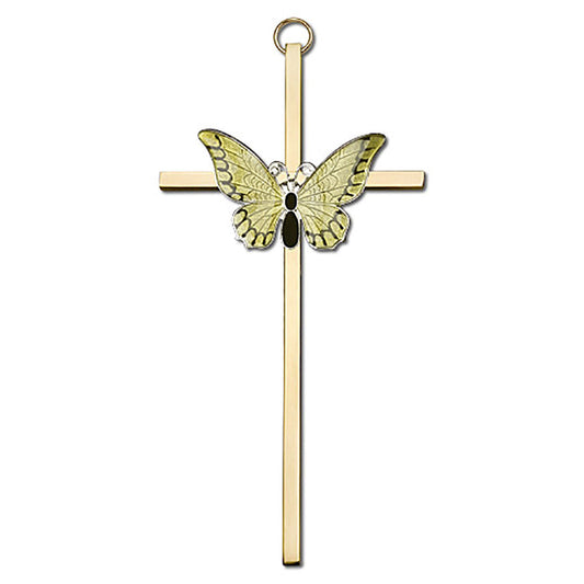 6 inch Polished Silver Finish Yellow Epoxy Resurrection on a Polished Brass Cross - 4940S/G