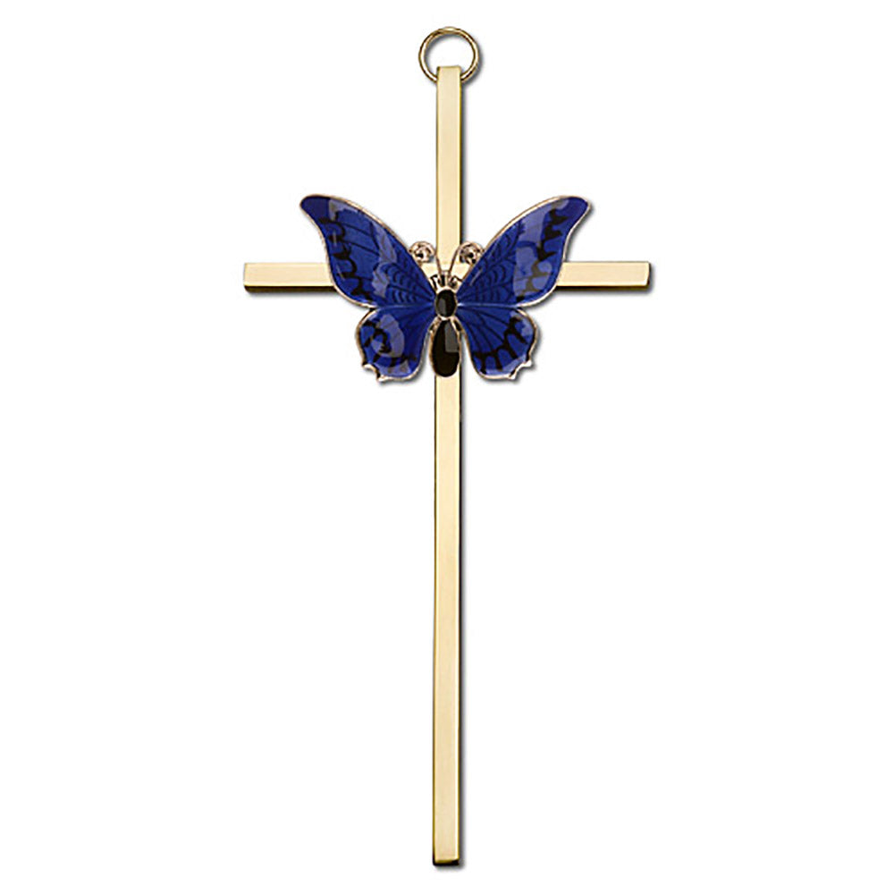 6 inch Antique Gold Blue Epoxy Resurrection on a Polished Brass Cross - 4941G/G