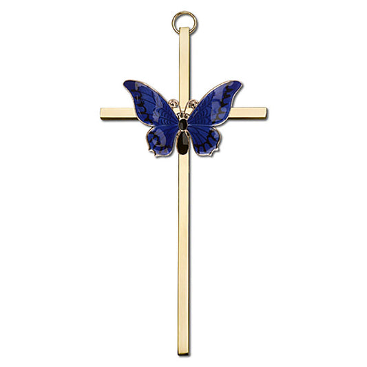 6 inch Antique Gold Blue Epoxy Resurrection on a Polished Brass Cross - 4941G/G