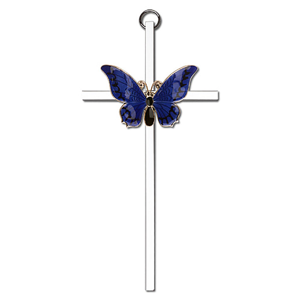 6 inch Antique Gold Blue Epoxy Resurrection on a Polished Silver Finish Cross - 4941G/S