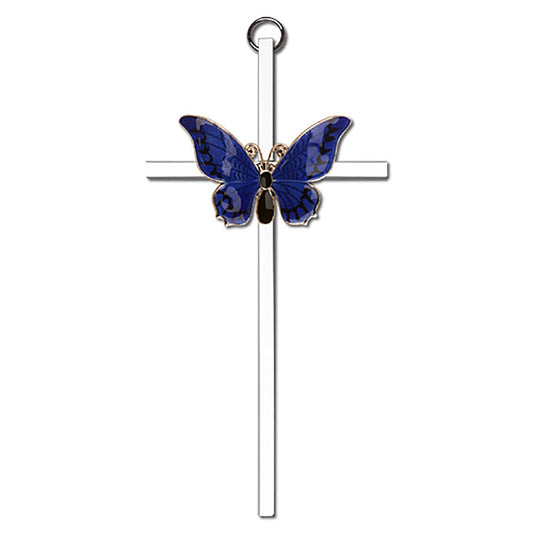 6 inch Antique Gold Blue Epoxy Resurrection on a Polished Silver Finish Cross - 4941G/S