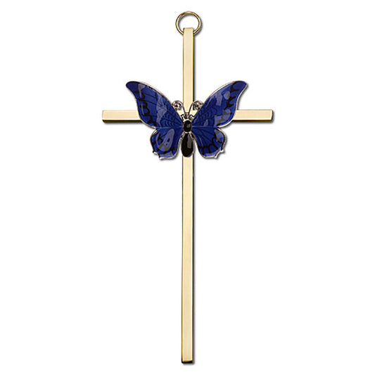 6 inch Polished Silver Finish Blue Epoxy Resurrection on a Polished Brass Cross - 4941S/G