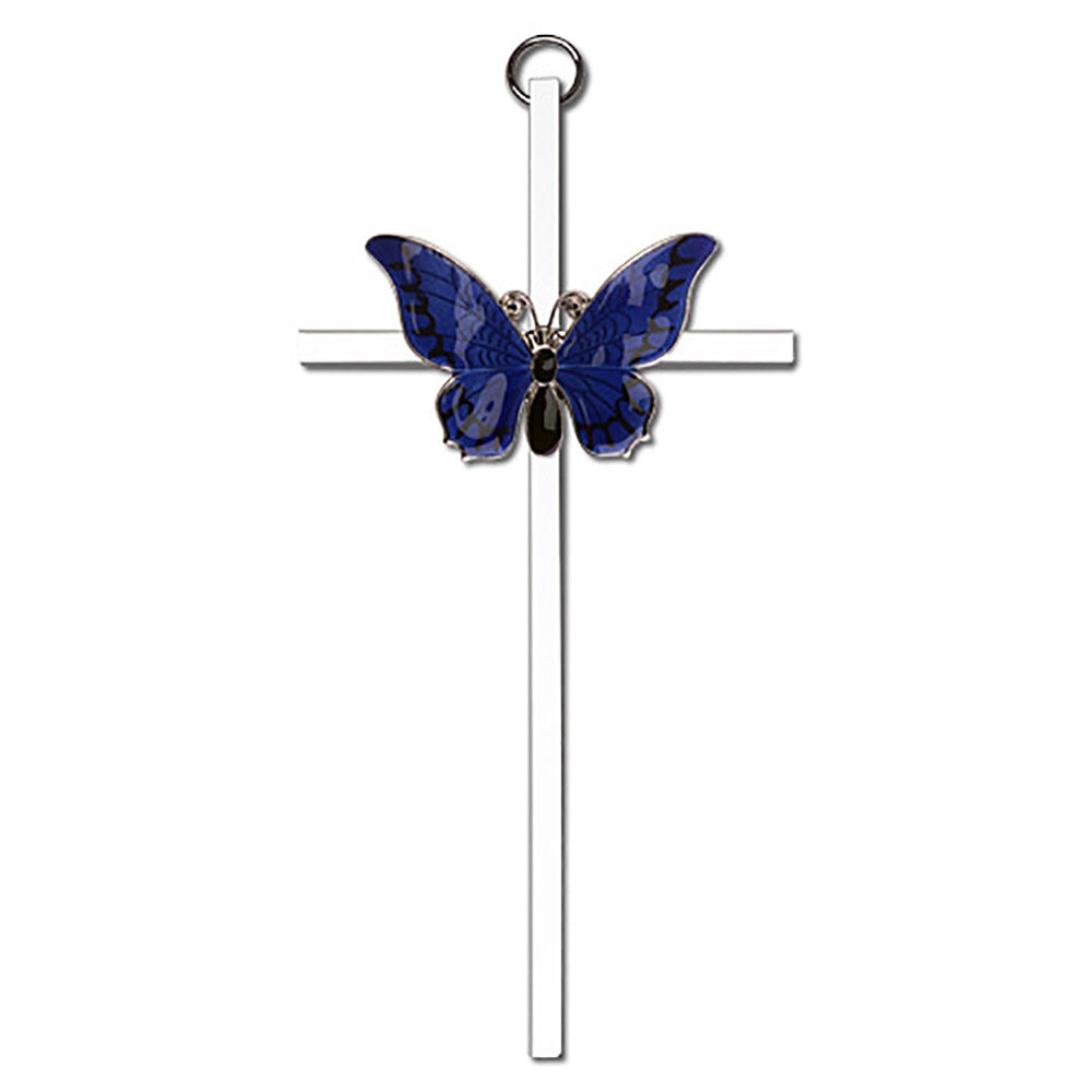 6 inch Polished Silver Finish Blue Epoxy Resurrection on a Polished Silver Finish Cross - 4941S/S