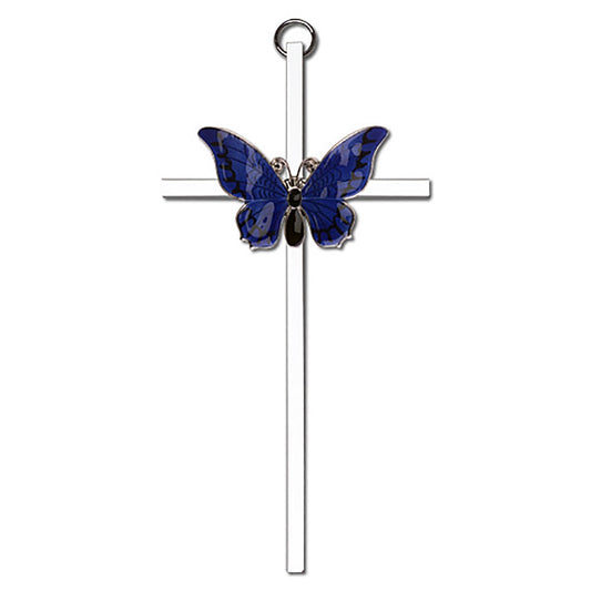 6 inch Polished Silver Finish Blue Epoxy Resurrection on a Polished Silver Finish Cross - 4941S/S