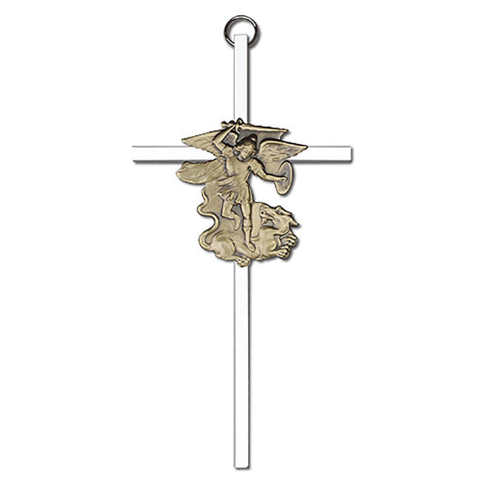 6 inch Antique Gold St. Michael on a Polished Silver Finish Cross - 4945G/S