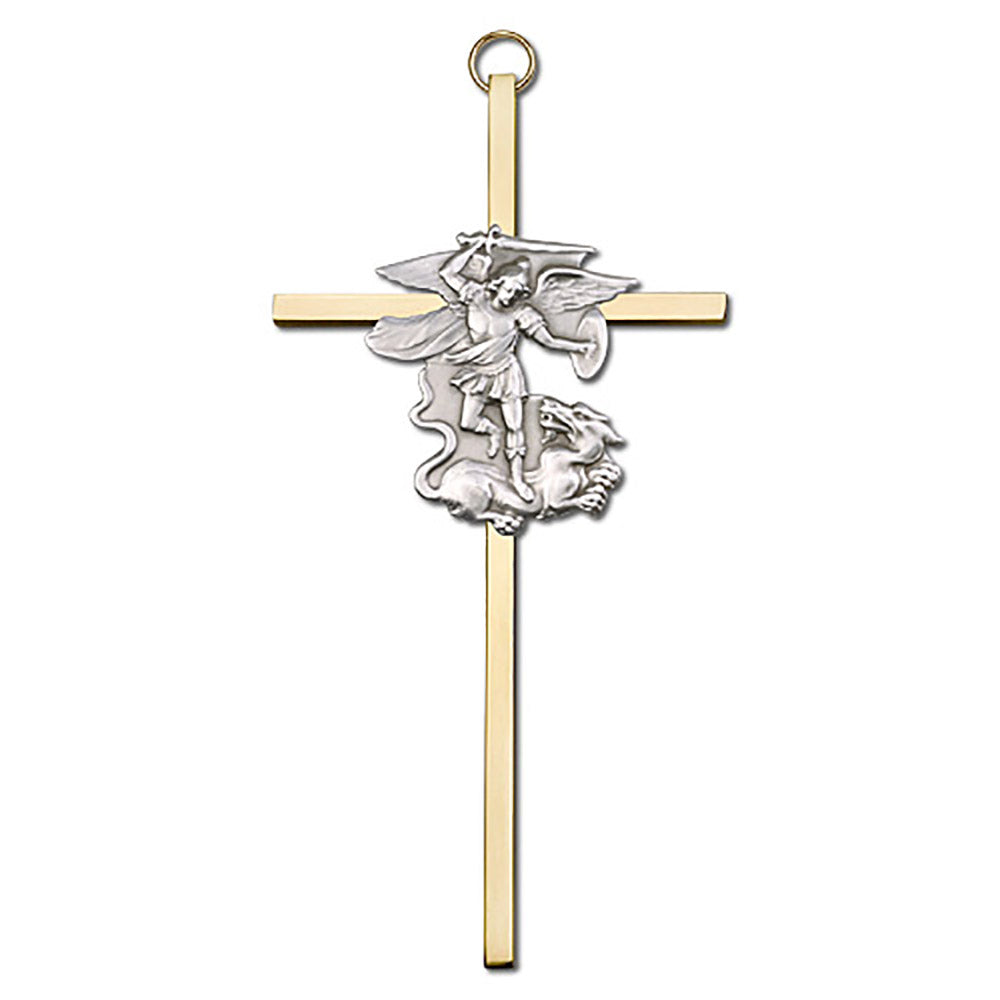 6 inch Antique Gold St. Michael on a Polished Brass Cross - 4945G/G