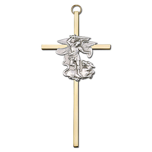 6 inch Antique Gold St. Michael on a Polished Brass Cross - 4945G/G