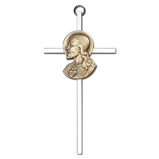 6 inch Antique Gold Sacred Heart on a Polished Silver Finish Cross - 4950G/S