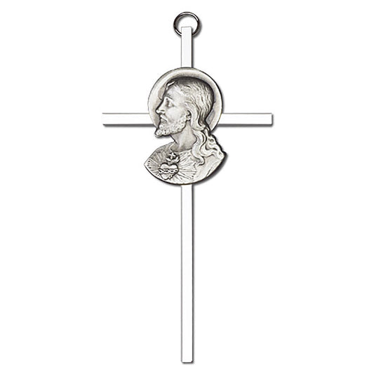 6 inch Antique Silver Sacred Heart on a Polished Silver Finish Cross - 4950S/S
