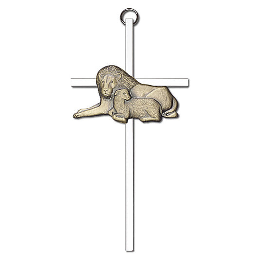 6 inch Antique Gold Lion & Lamb on a Polished Silver Finish Cross - 4955G/S