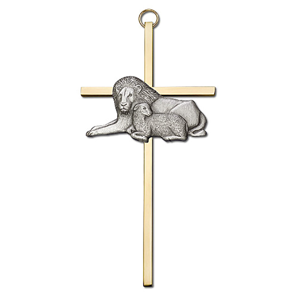 6 inch Antique Gold Lion & Lamb on a Polished Brass Cross - 4955G/G