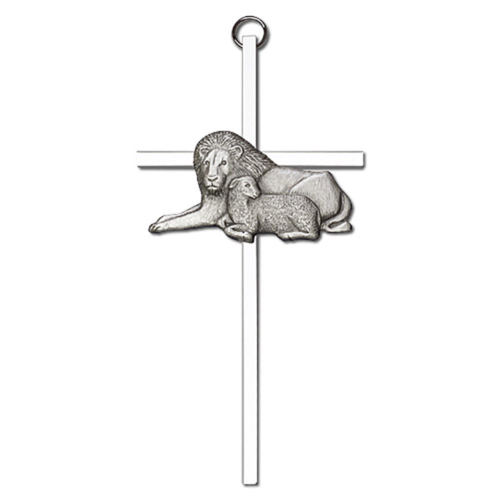 6 inch Antique Silver Lion & Lamb on a Polished Silver Finish Cross - 4955S/S
