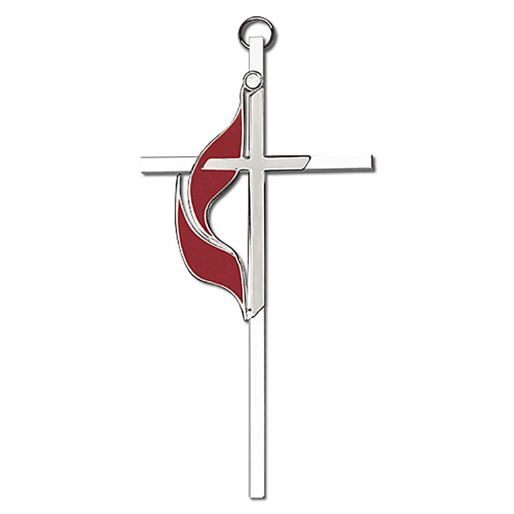 6 inch Polished Silver Finish Enamel Methodist on a Polished Silver Finish Cross - 4960S/S