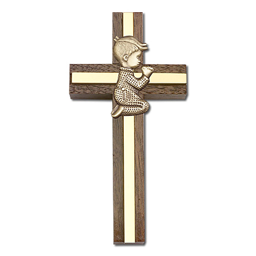 4 inch Praying Boy Cross, Walnut w/ Antique Gold inlay - 5012G/G