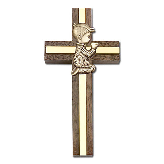 4 inch Praying Boy Cross, Walnut w/ Antique Gold inlay - 5012G/G