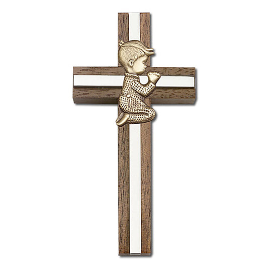 4 inch Praying Boy Cross, Walnut w/ Antique Gold inlay - 5012G/S