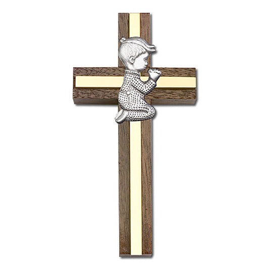 4 inch Praying Boy Cross, Walnut w/ Antique Silver inlay - 5012S/G