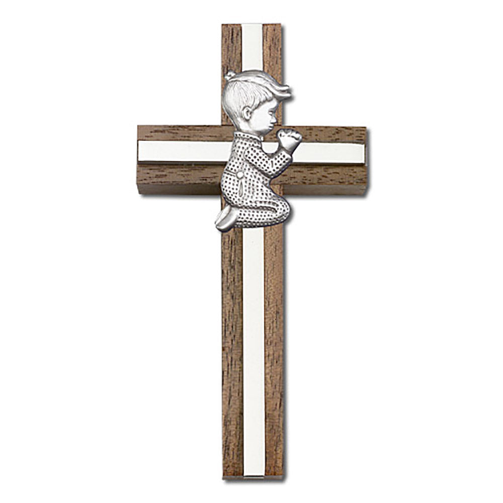 4 inch Praying Boy Cross, Walnut w/ Antique Silver inlay - 5012S/S