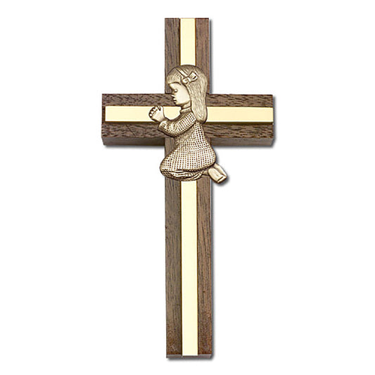 4 inch Praying Girl Cross, Walnut w/ Antique Gold inlay - 5013G/G