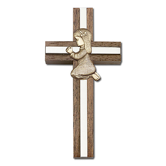 4 inch Praying Girl Cross, Walnut w/ Antique Gold inlay - 5013G/S
