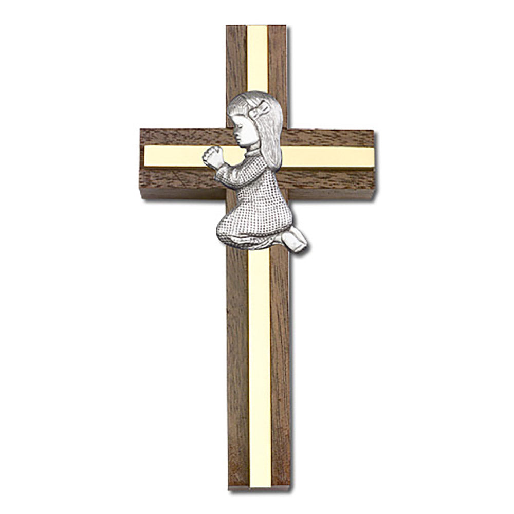 4 inch Praying Girl Cross, Walnut w/ Antique Silver inlay - 5013S/G