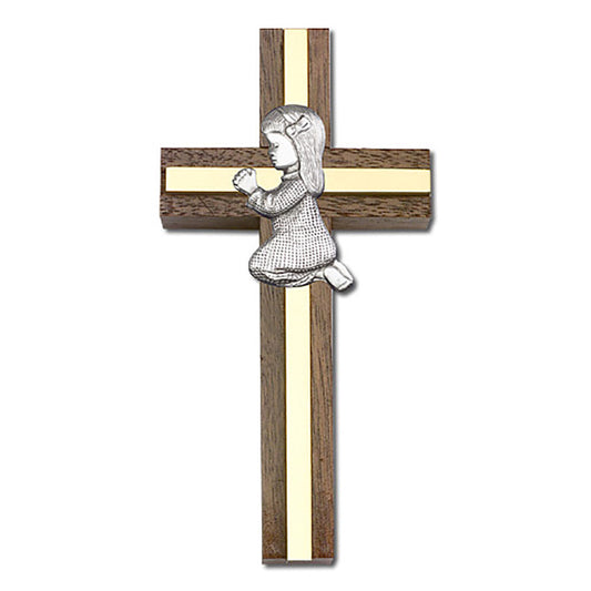 4 inch Praying Girl Cross, Walnut w/ Antique Silver inlay - 5013S/G