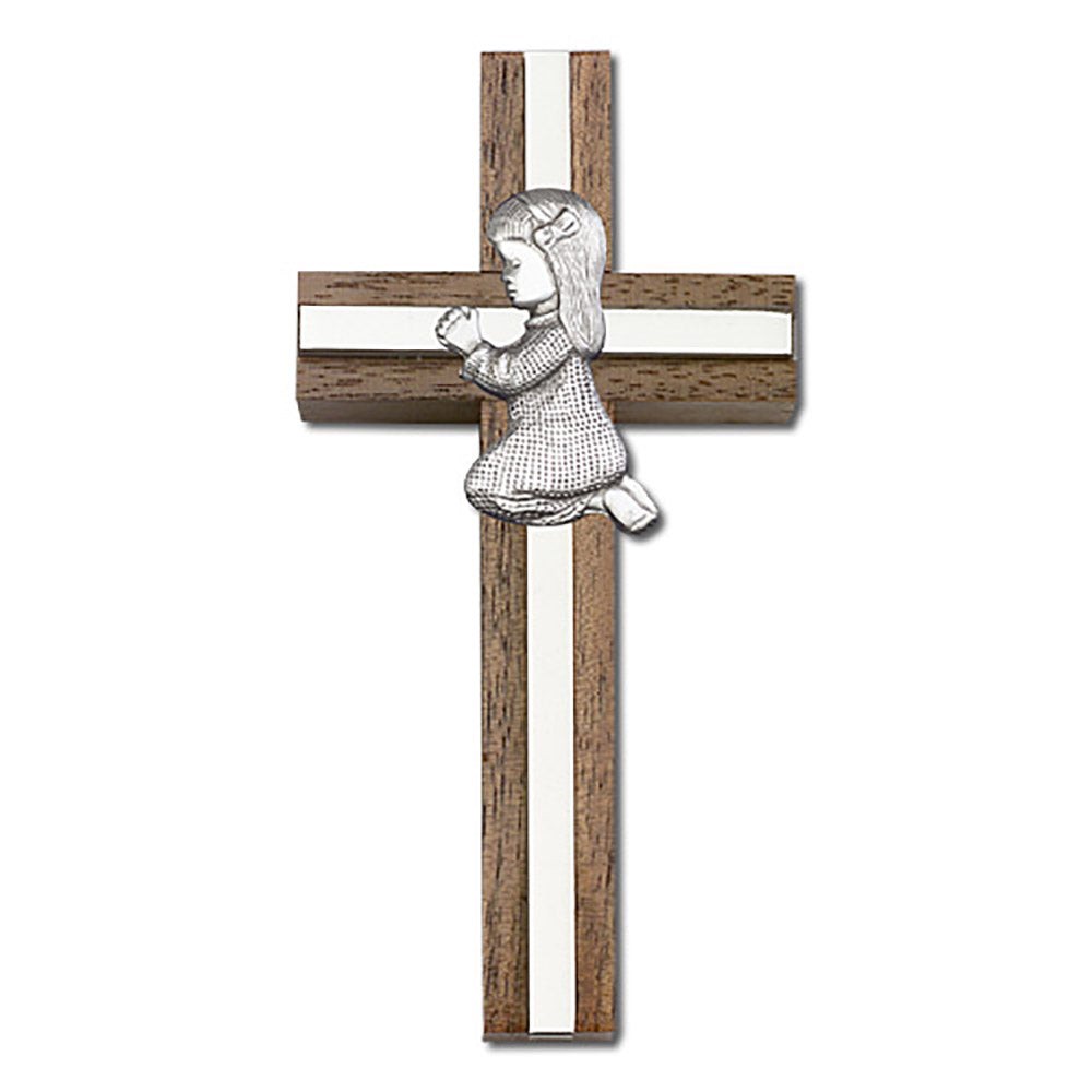 4 inch Praying Girl Cross, Walnut w/ Antique Silver inlay - 5013S/S