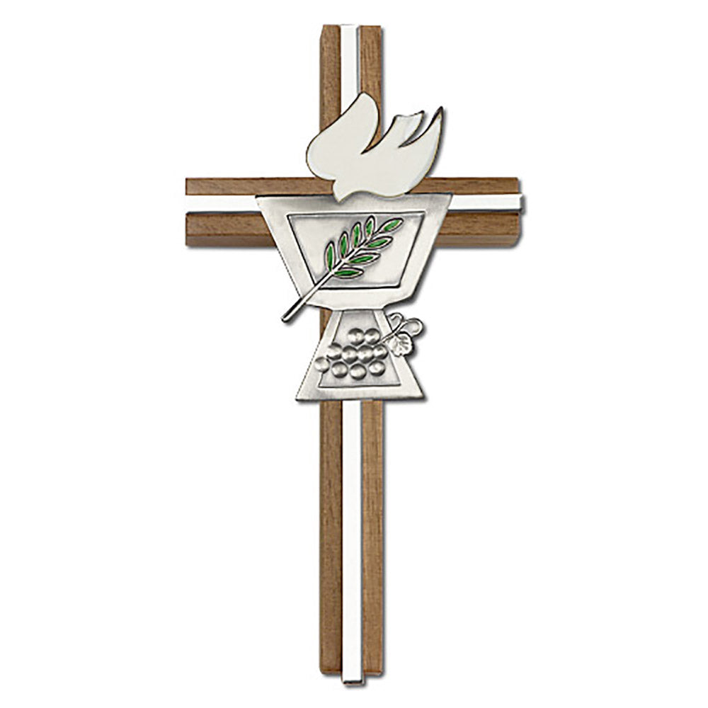 6 inch Enameled Confirmation Chalice Cross, Walnut w/ Antique Silver inlay - 5020S/S