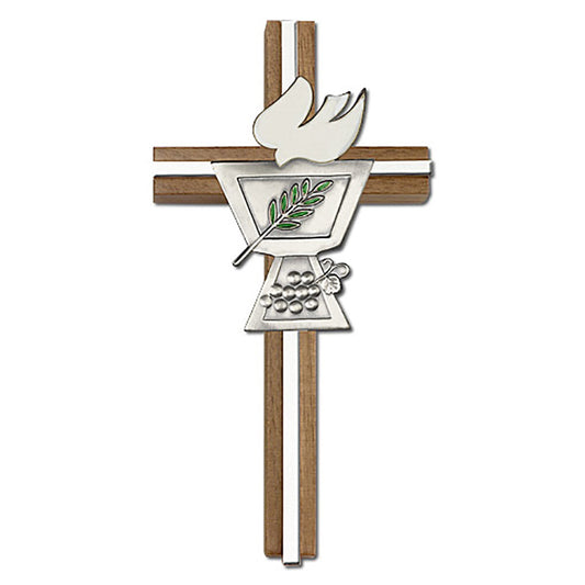 6 inch Enameled Confirmation Chalice Cross, Walnut w/ Antique Silver inlay - 5020S/S