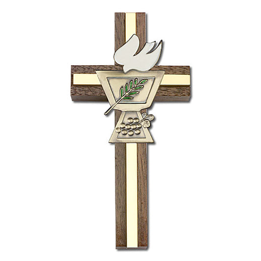 4 inch Enameled Confirmation Chalice Cross, Walnut w/ Antique Gold inlay - 5021G/G