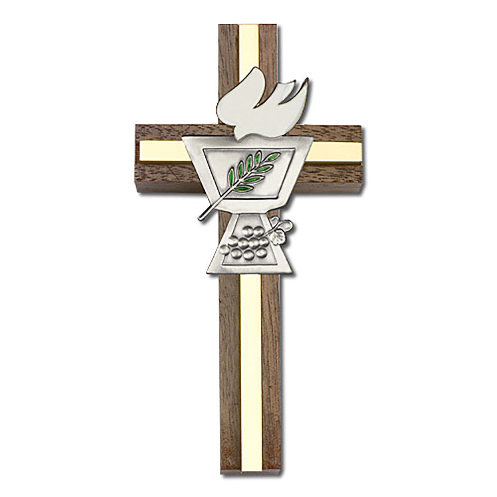 4 inch Enameled Confirmation Chalice Cross, Walnut w/ Antique Silver inlay - 5021S/G