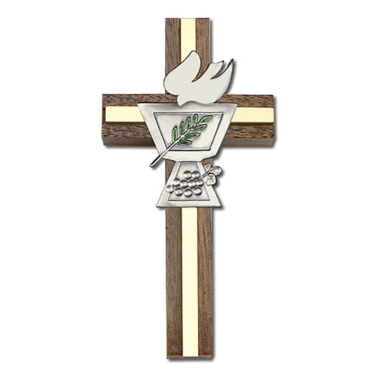 4 inch Enameled Confirmation Chalice Cross, Walnut w/ Antique Silver inlay - 5021S/G