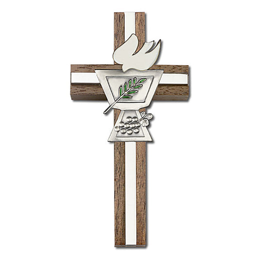 4 inch Enameled Confirmation Chalice Cross, Walnut w/ Antique Silver inlay - 5021S/S