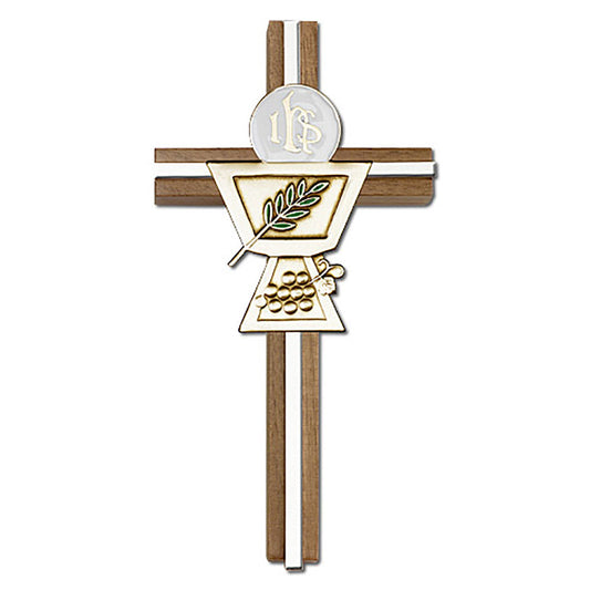 6 inch Enameled Communion Chalice Cross, Walnut w/ Antique Gold inlay - 5035G/S