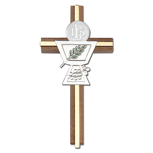 6 inch Enameled Communion Chalice Cross, Walnut w/ Antique Silver inlay - 5035S/G