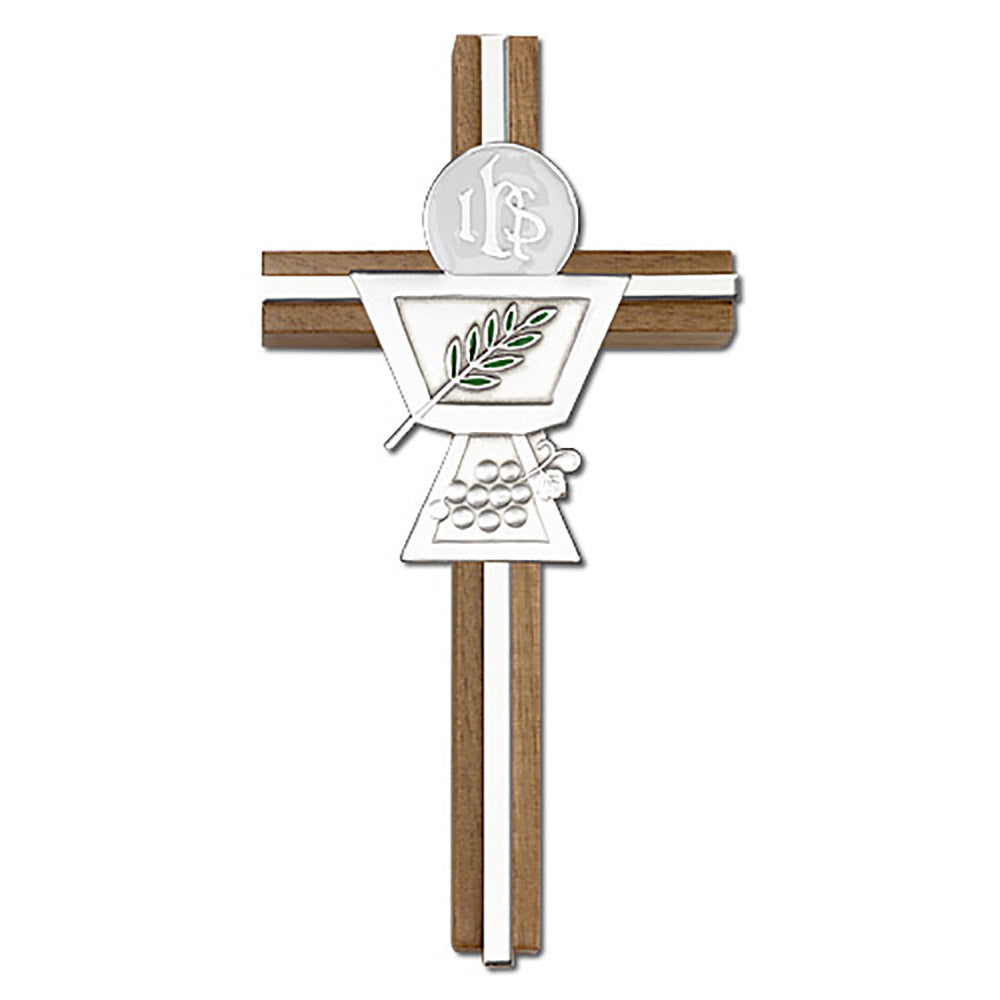 6 inch Enameled Communion Chalice Cross, Walnut w/ Antique Silver inlay - 5035S/S