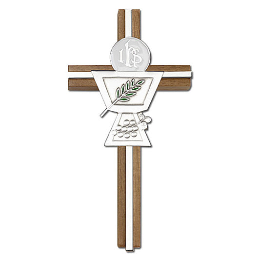 6 inch Enameled Communion Chalice Cross, Walnut w/ Antique Silver inlay - 5035S/S