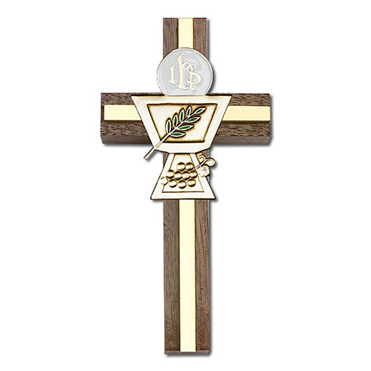 4 inch Enameled Communion Chalice Cross, Walnut w/ Antique Gold inlay - 5036G/G