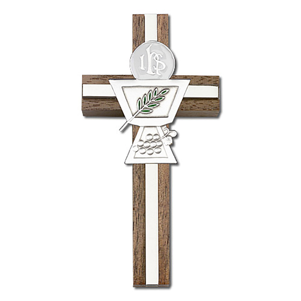 4 inch Enameled Communion Chalice Cross, Walnut w/ Antique Silver inlay - 5036S/S