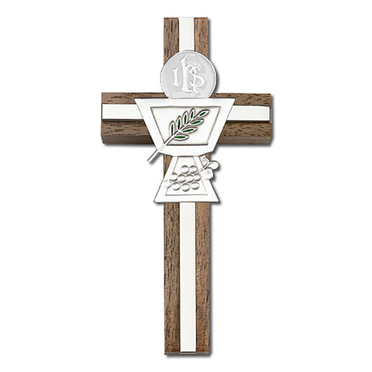4 inch Enameled Communion Chalice Cross, Walnut w/ Antique Silver inlay - 5036S/S