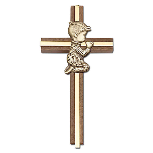 6 inch Praying Boy Cross, Walnut w/ Antique Gold inlay - 5065G/G