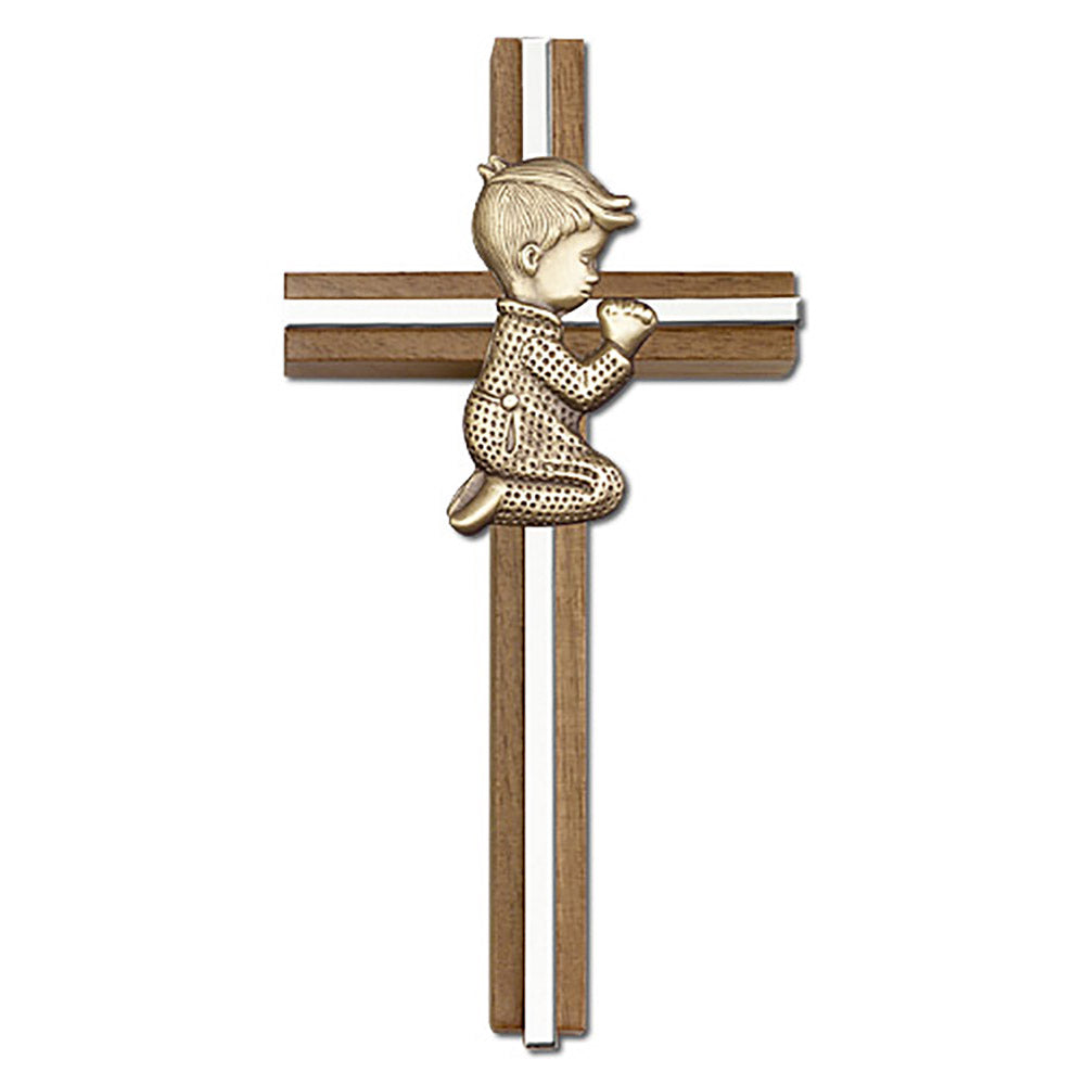 6 inch Praying Boy Cross, Walnut w/ Antique Gold inlay - 5065G/S
