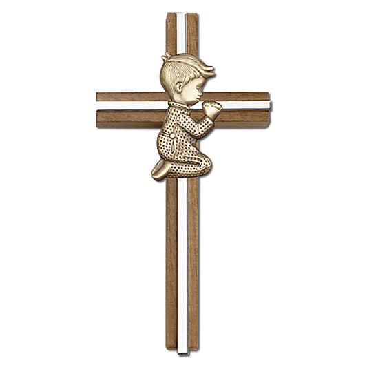 6 inch Praying Boy Cross, Walnut w/ Antique Gold inlay - 5065G/S