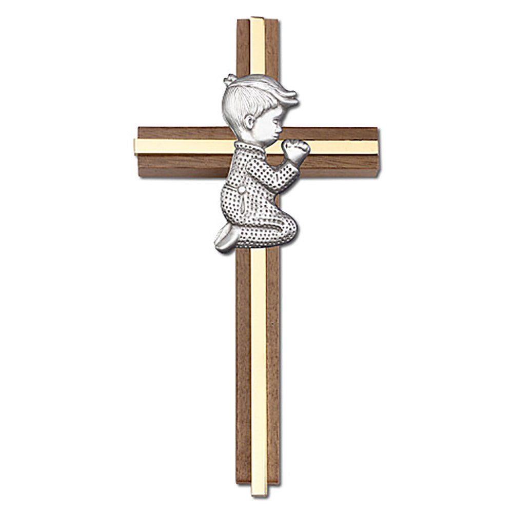 6 inch Praying Boy Cross, Walnut w/ Antique Silver inlay - 5065S/G