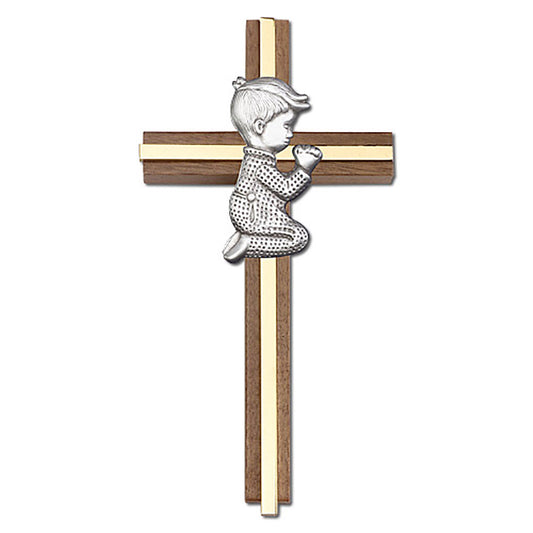 6 inch Praying Boy Cross, Walnut w/ Antique Silver inlay - 5065S/G