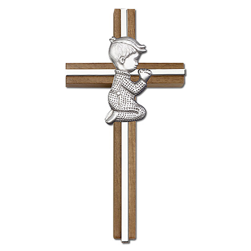 6 inch Praying Boy Cross, Walnut w/ Antique Silver inlay - 5065S/S