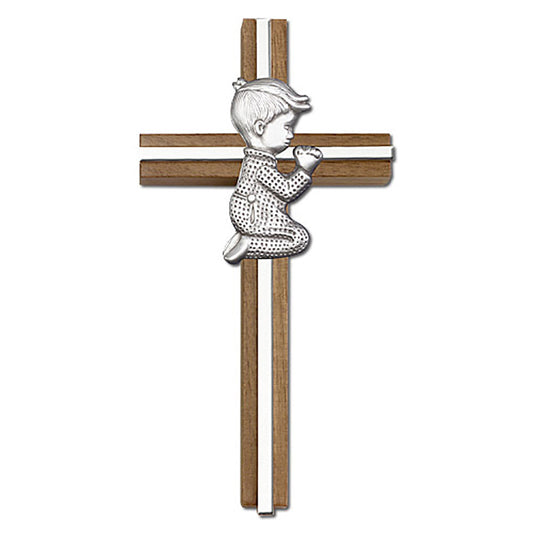 6 inch Praying Boy Cross, Walnut w/ Antique Silver inlay - 5065S/S