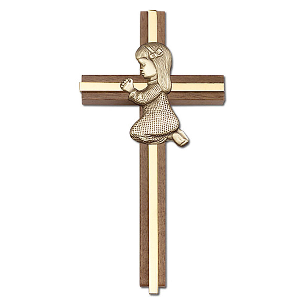 6 inch Praying Girl Cross, Walnut w/ Antique Gold inlay - 5070G/G